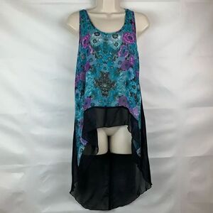 Ali & Kris black & floral print sheer high low top